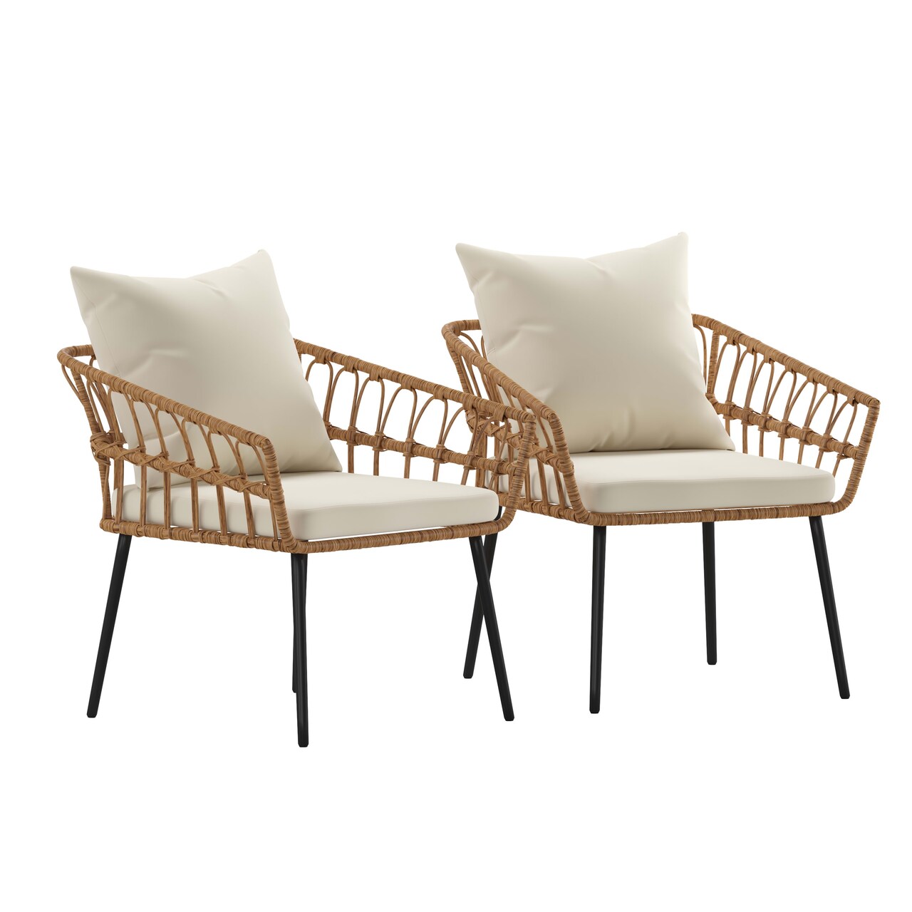 Merrick Lane Armon Set of Two Indoor/Outdoor Boho Style Open Weave Rattan Rope Patio Chairs with Cushions